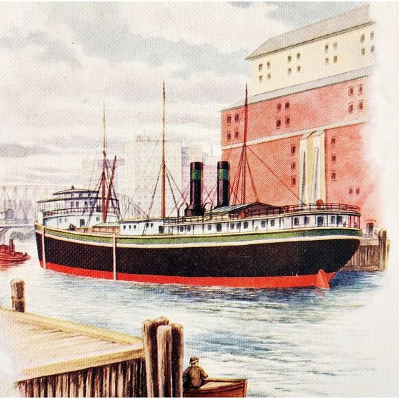 1900 Steamship Lithograph Nautical Victorian Woven Linen Paper Print Boats DWPP7 - Picture 1 of 2